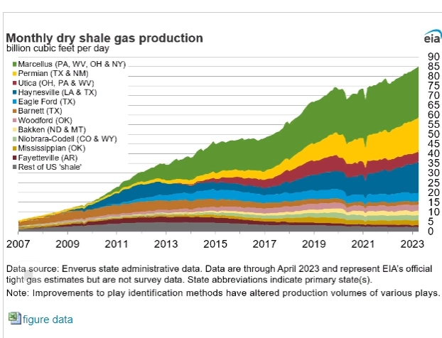 Добыча сланцевого газа на максимуме. В бассейнах Permian и Haynesville сланцевый&nbsp; газ в основном получают как попутный из нефтяных скважин. Поэтому тут падение добычи возможно только после падения цены на нефть.