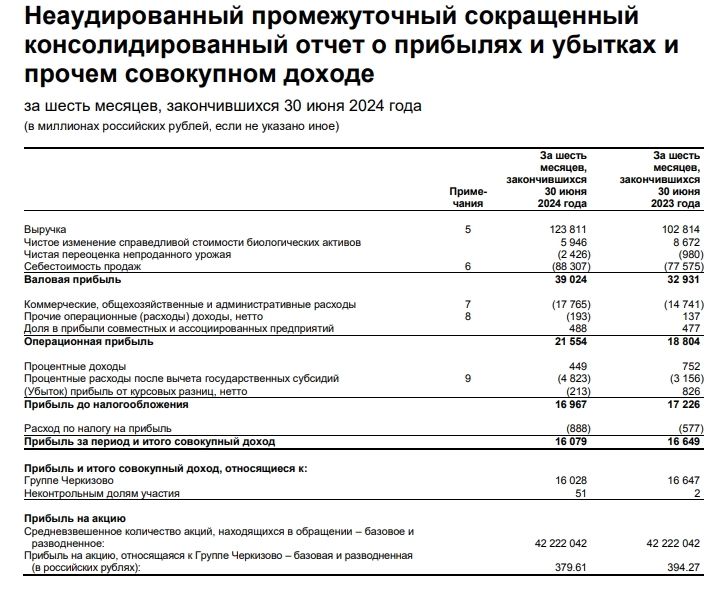 Черкизово МСФО 1п 2024г: выручка Р123,8 млрд (+20,4% г/г), чистая прибыль Р16,08 млрд (-3,4% г/г)