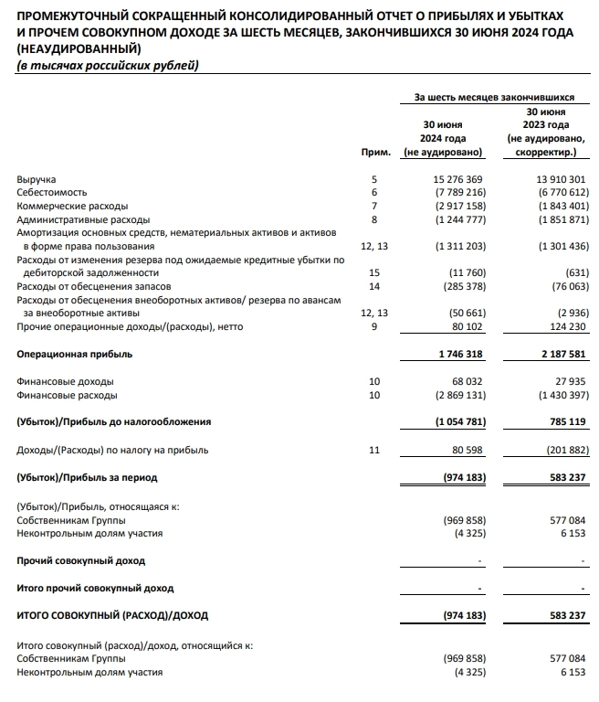 Биннофарм групп (входит в АФК Систему) МСФО 1п 2024г: выручка Р15,27 млрд (+9,8% г/г), убыток Р974,1 млн против прибыли Р583,2 млн годом ранее