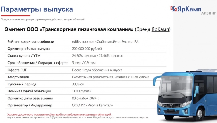 Презентация дебютного выпуска облигаций Транспортной лизинговой компании (бренд ЯрКамп, ruBB- , 200 млн руб., купон / YTM 24,5% / 25,46% на 1 год)