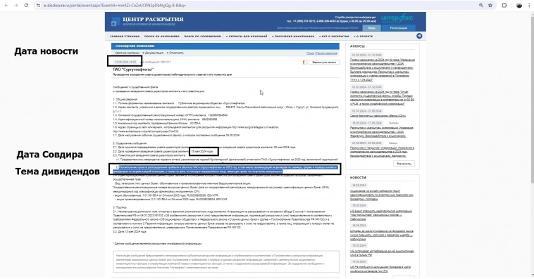 Пример публикации даты Совета директоров с дивидендной темой в повестке