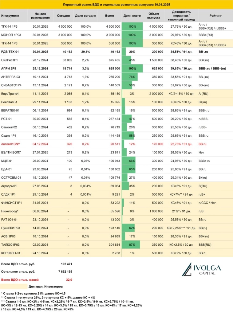 Итоги первичных размещений ВДО и некоторых розничных выпусков на 30 января 2025 г.