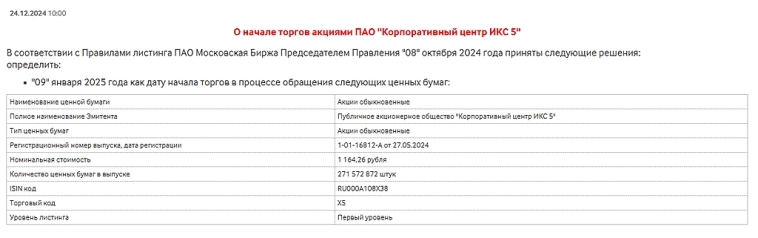 О начале торгов акциями ПАО "Корпоративный центр ИКС 5"