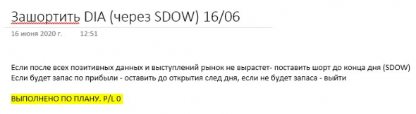 Попытался снова небольшой свинг взять на шорте DIA (через SDOW снова)