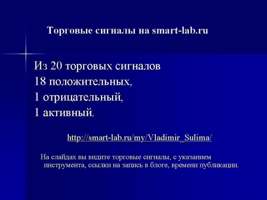 Торговые сигналы.ОАО«Сбербанк».Путь пройден. Результативность из 20 торговых сигналов 18 положительных, 1 убыточный, 1 активный.Умение принимать решения.