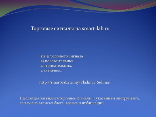 Торговые сигналы. Путь пройден. Фьючерсный контракт на курс доллар США - российский рубль. Из 31 торговых сигналов 23 положительных, 4 убыточных, 4 активных.