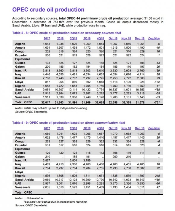 Отчет Опек: добыча в декабре упала на 751 тыс баррелей