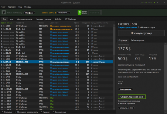 DERBY FAST, SIT&GO, FREEROLL 500 (NYSE, RTS, CME)