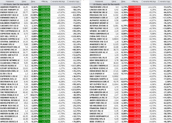 Лидеры и аутсайдеры рынка США: На каких бумагах можно было заработать более 60% за месяц