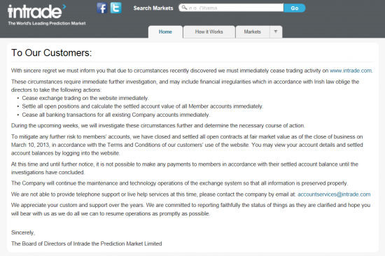 INTRADE.COM Крупнейшая биржа прогнозов прекратила операции и заморозила счета клиентов.