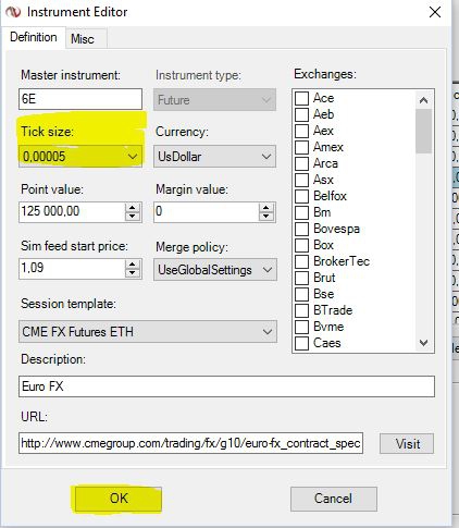 Как поменять настройки 6Е в Ninjatrader