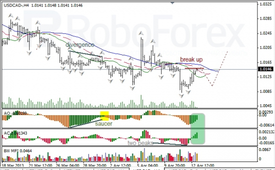 RoboForex: анализ индикаторов Б. Вильямса для USD/CAD и NZD/USD на 15.04.2013 15.04.2013