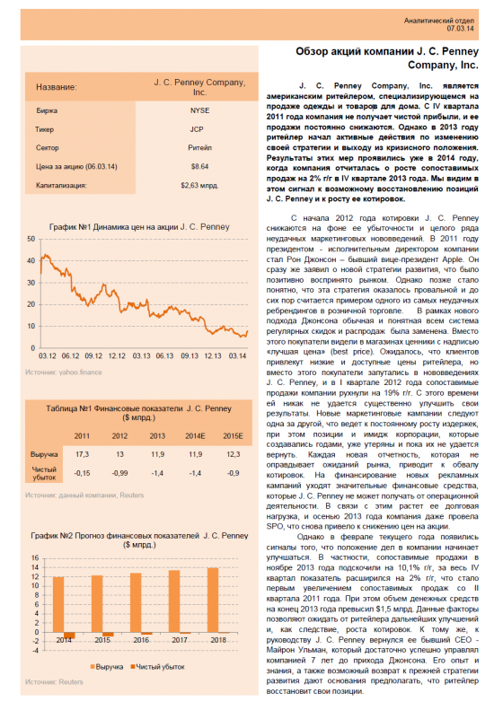 Обзор акций компании J.C.Penney (JCP). Рекомендация "Покупать".