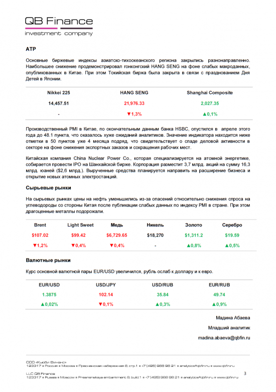 - 05.05.14 - Ежедневный обзор фондовых рынков