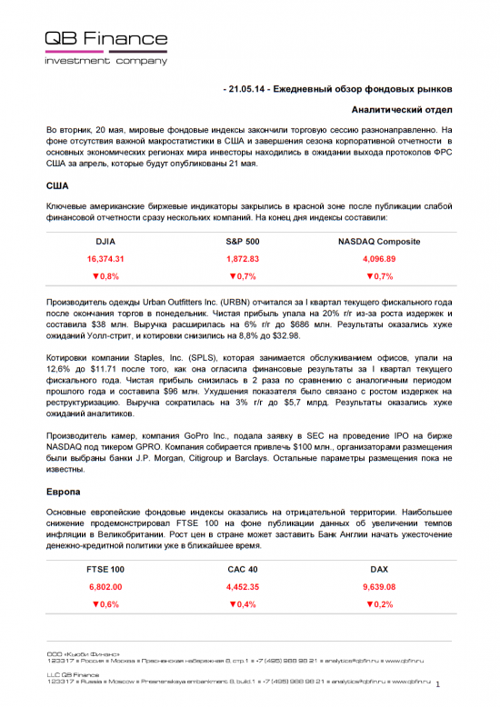 - 20.05.14 - Ежедневный обзор фондовых рынков