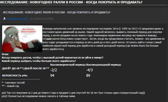 А. Сапунов. ИССЛЕДОВАНИЕ: НОВОГОДНЕЕ РАЛЛИ В РОССИИ - КОГДА ПОКУПАТЬ И ПРОДАВАТЬ?