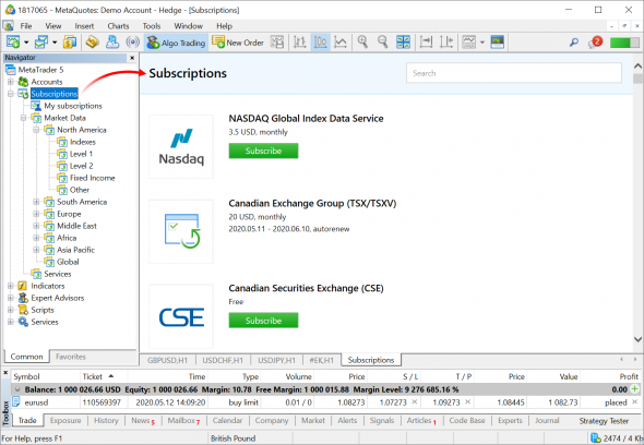 MetaTrader 5 build 2450: Сервис "Подписки", улучшения в интерфейсе, Питон и апгрейд MetaEditor