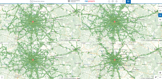 Интерактивная "народная" карта покрытия сетями 2G/3G/4G "большой четверки" мобильных операторов от Минкомсвязи