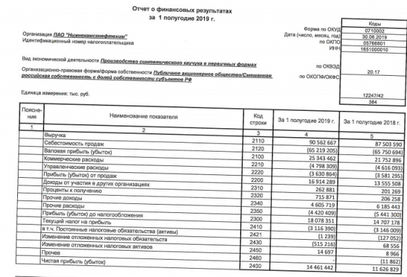 НКНХ - чистая прибыль по РСБУ за 1 п/г выросла на 24% г/г