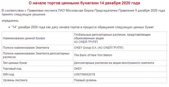 С 14 декабря на Мосбирже начинаются торги депозитарными расписками Окей