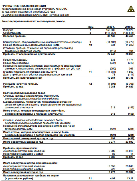 Прибыль акционеров Нижнекамскнефтехим за 20 г МСФО снизилась в 2,6 раза