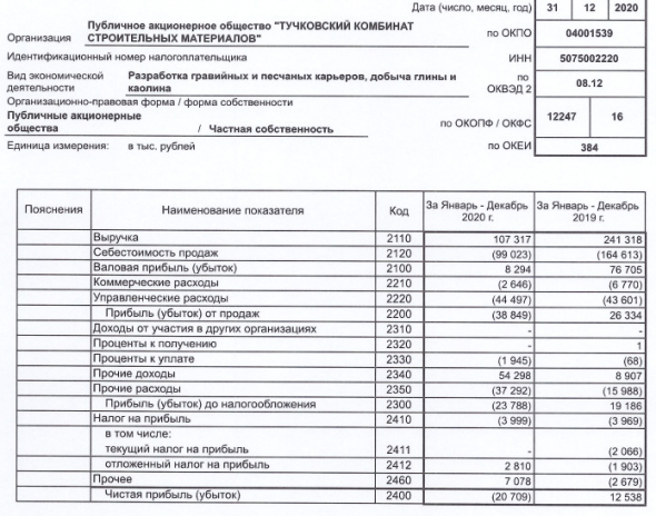 Убыток ТКСМ 20 г РСБУ против прибыли годом ранее