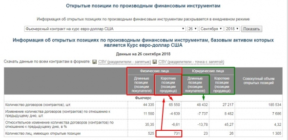 Информация об открытых позициях евро-доллар США