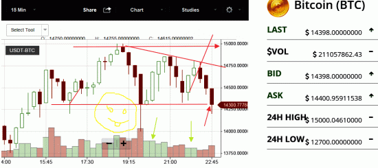 Крипта. BTC/USD. Биток. Битва за ключевую точку в 14305$. Пройдена, следующее продалбливание - 15 000.