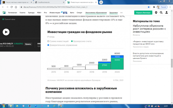 Инвестиции россиян на фондовый рынок увеличились в 10 раз...